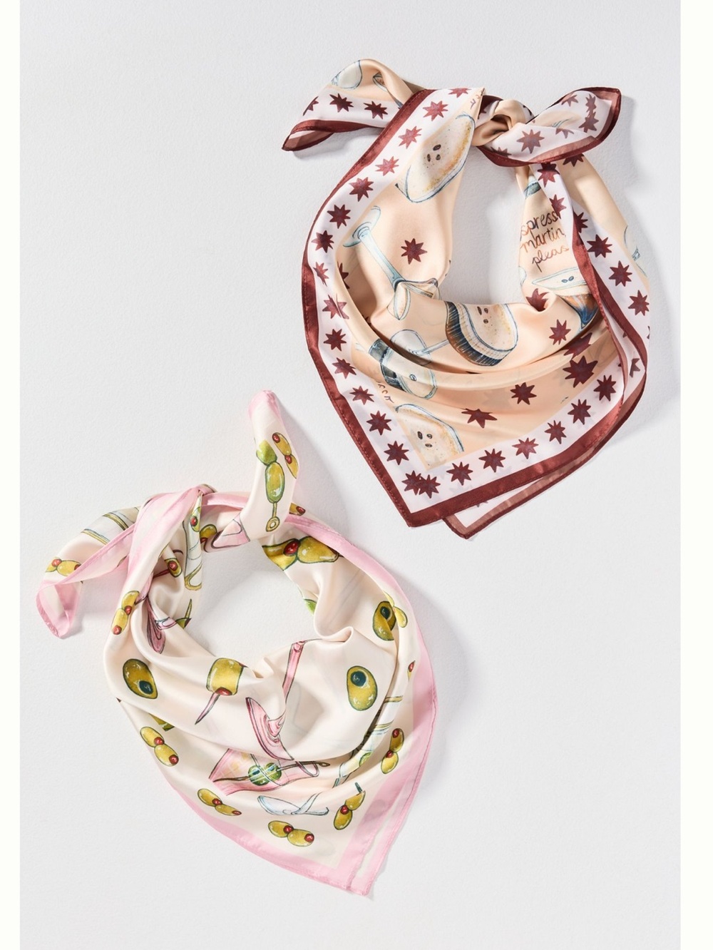 🍸 Anthropologie Silky Scarves Bag Head Hair Scarf Set of 2 Martini Espresso